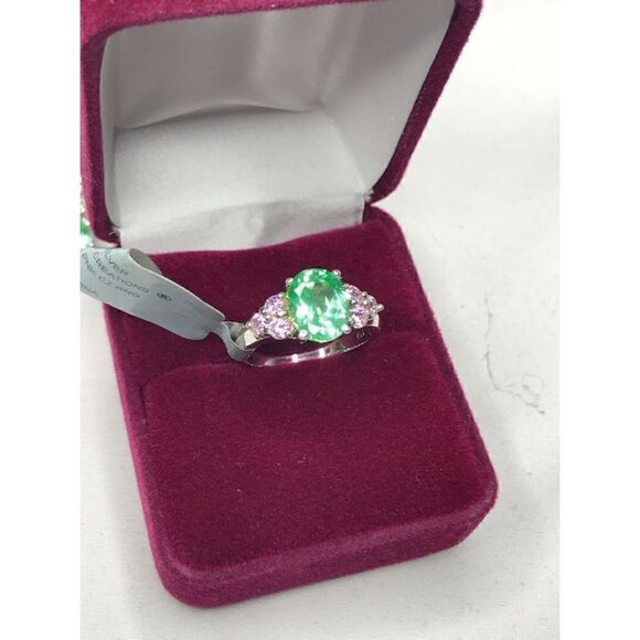 Sterling Silver Green Ice Pink CZ Ring (Size 8), 18”Necklace, Earrings Set - Picture 2 of 16